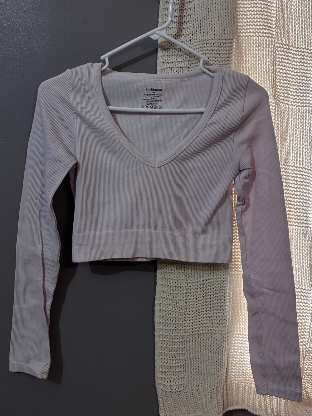 Ambiance Light Pink Ribbed V‑Neck Long Sleeve Crop Top